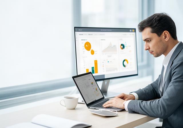 Profesional revisando un dashboard de ventas y margen de un e-commerce en una oficina luminosa